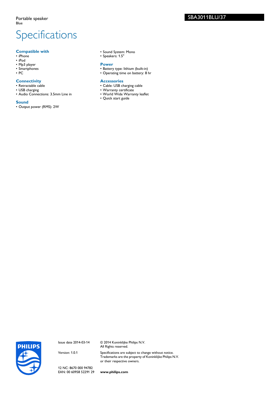 Specifications | Philips SBA3011BLU-37 User Manual | Page 2 / 2