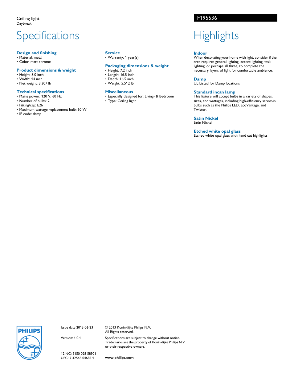 Specifications, Highlights | Philips F195536 User Manual | Page 2 / 2