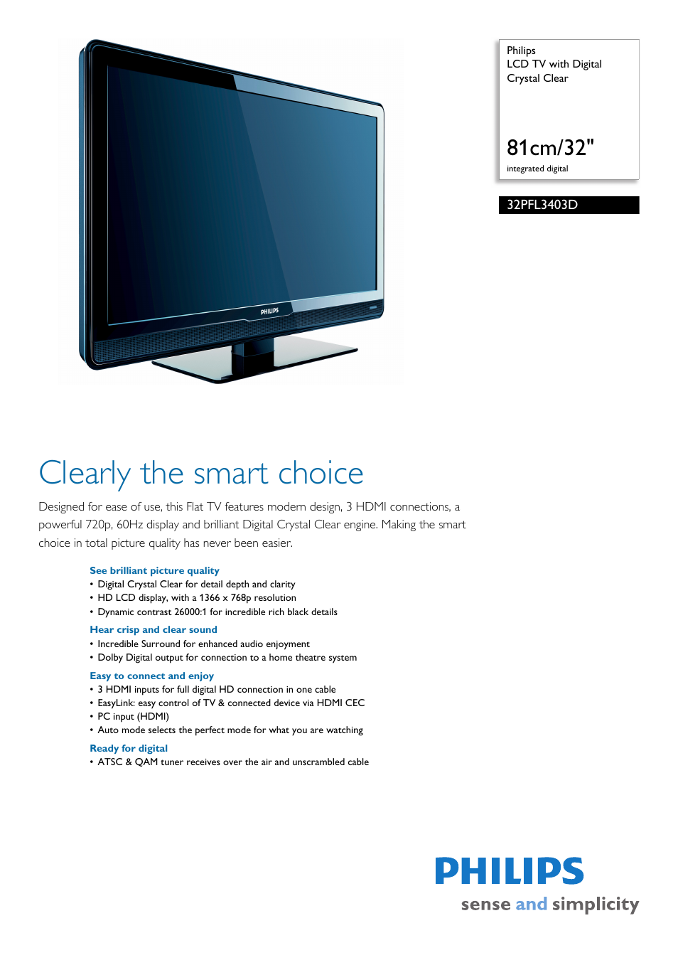 Philips 32PFL3403D-F7 User Manual | 3 pages