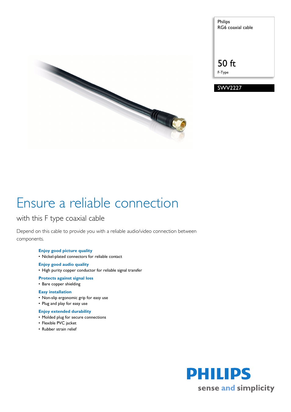 Philips RG6 coaxial cable SWV2227 50 ft F-Type User Manual | 2 pages