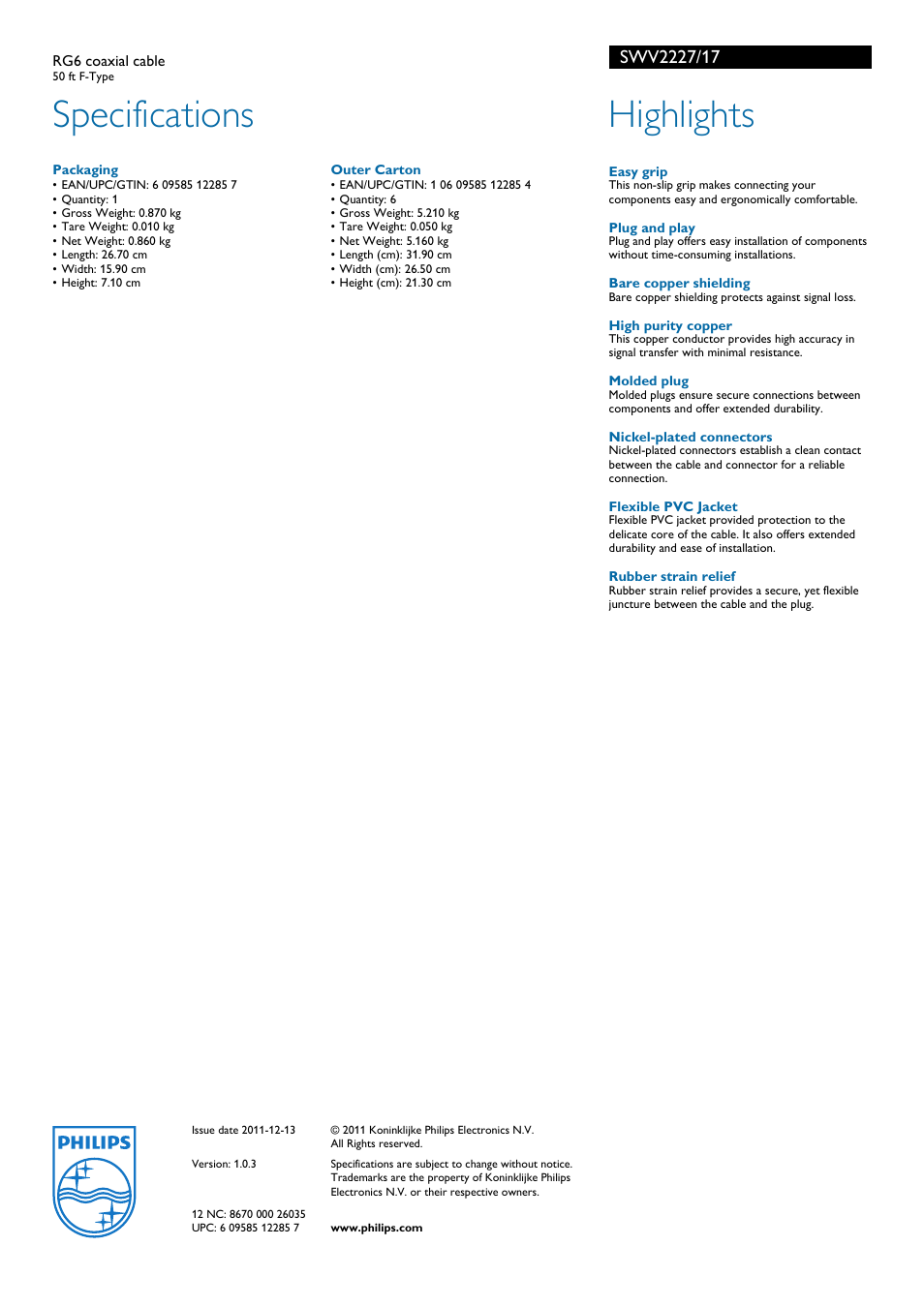 Specifications, Highlights | Philips RG6 coaxial cable SWV2227 50 ft F-Type User Manual | Page 2 / 2