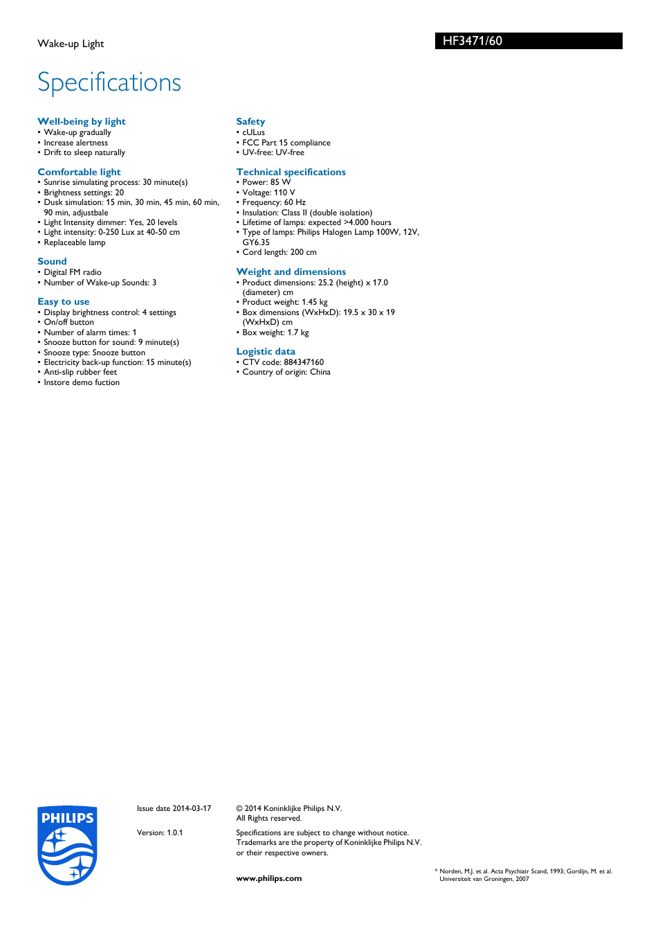 Specifications | Philips HF3471-60 User Manual | Page 3 / 3