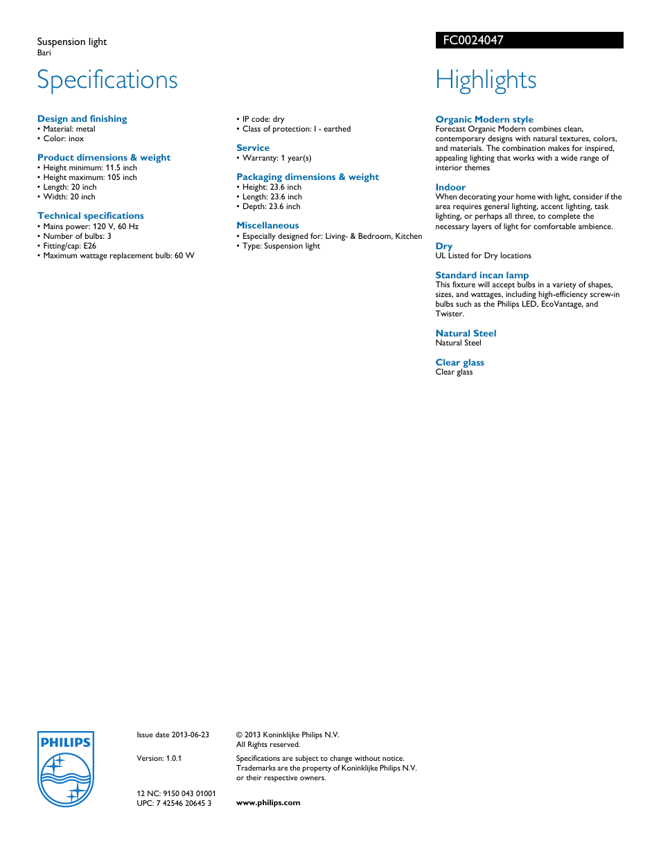 Specifications, Highlights | Philips FC0024047 User Manual | Page 2 / 2