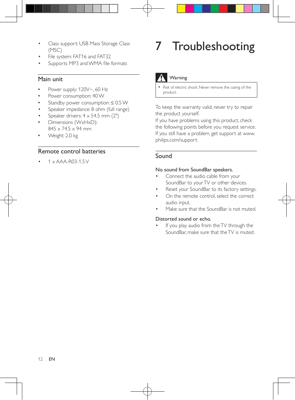 7 troubleshooting, Main unit, Remote control batteries | Sound | Philips HTL2101-F7 User Manual | Page 11 / 14