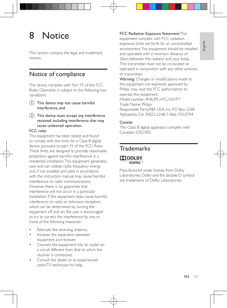 8 notice, Notice of compliance, Trademarks | Philips HTL2101-F7 User Manual | Page 12 / 14