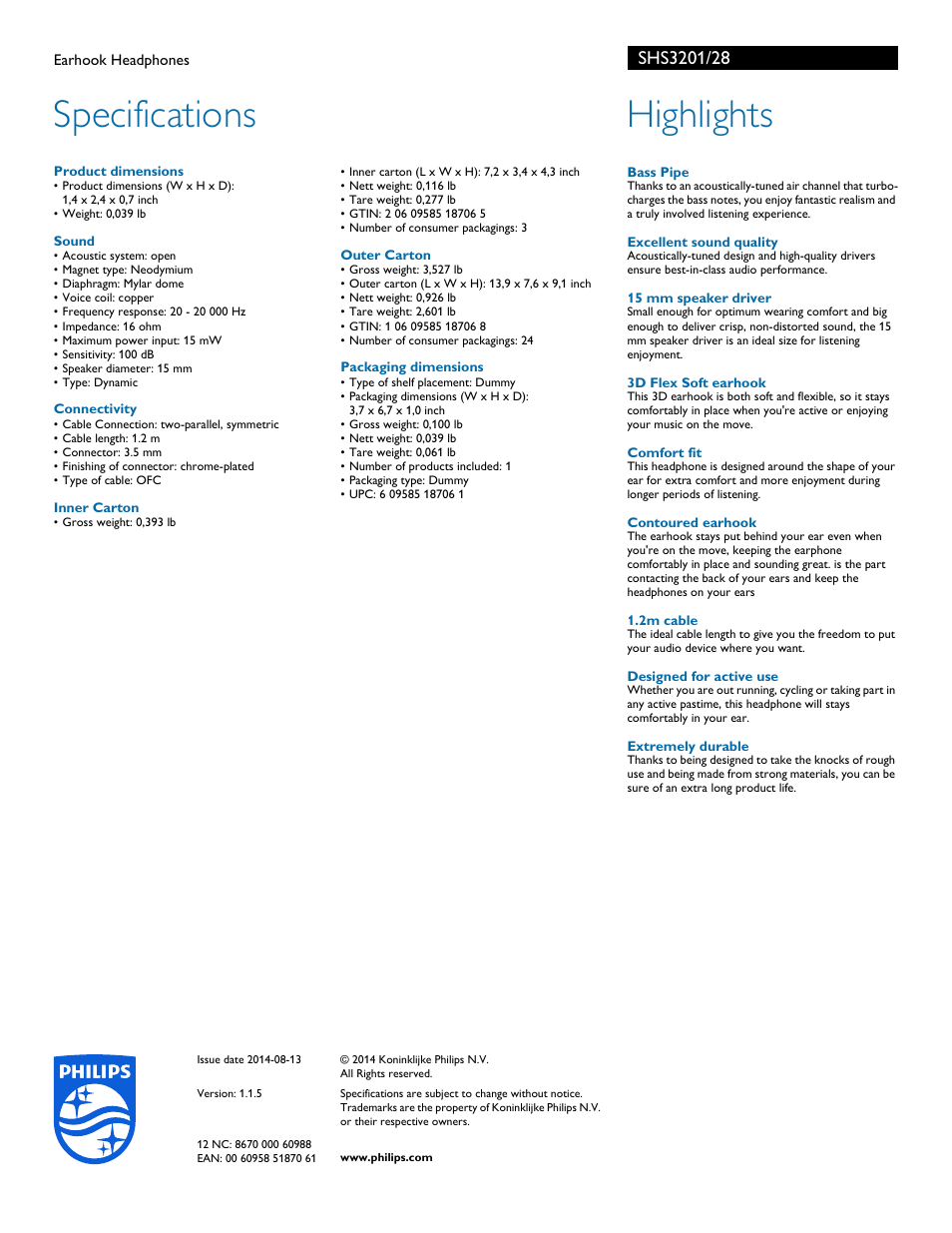 Specifications, Highlights | Philips SHS3201-28 User Manual | Page 2 / 2