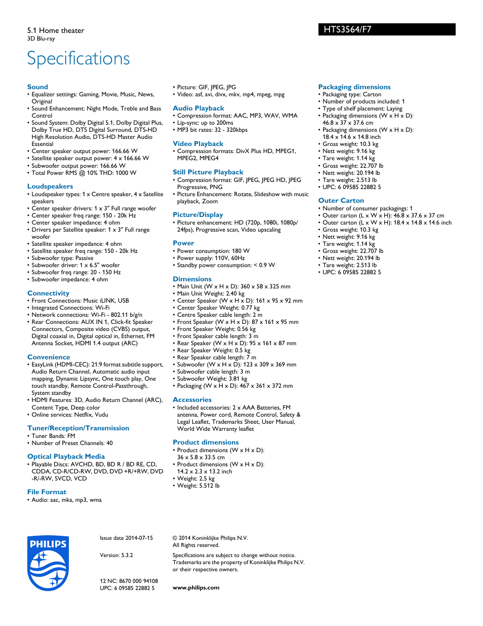 Specifications | Philips HTS3564-F7 User Manual | Page 3 / 3