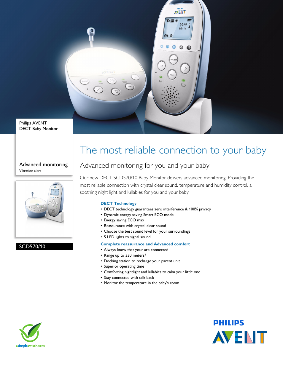 Philips AVENT Audio Monitors DECT Baby Monitor SCD570-10 Advanced monitoring Vibration alert User Manual | 3 pages