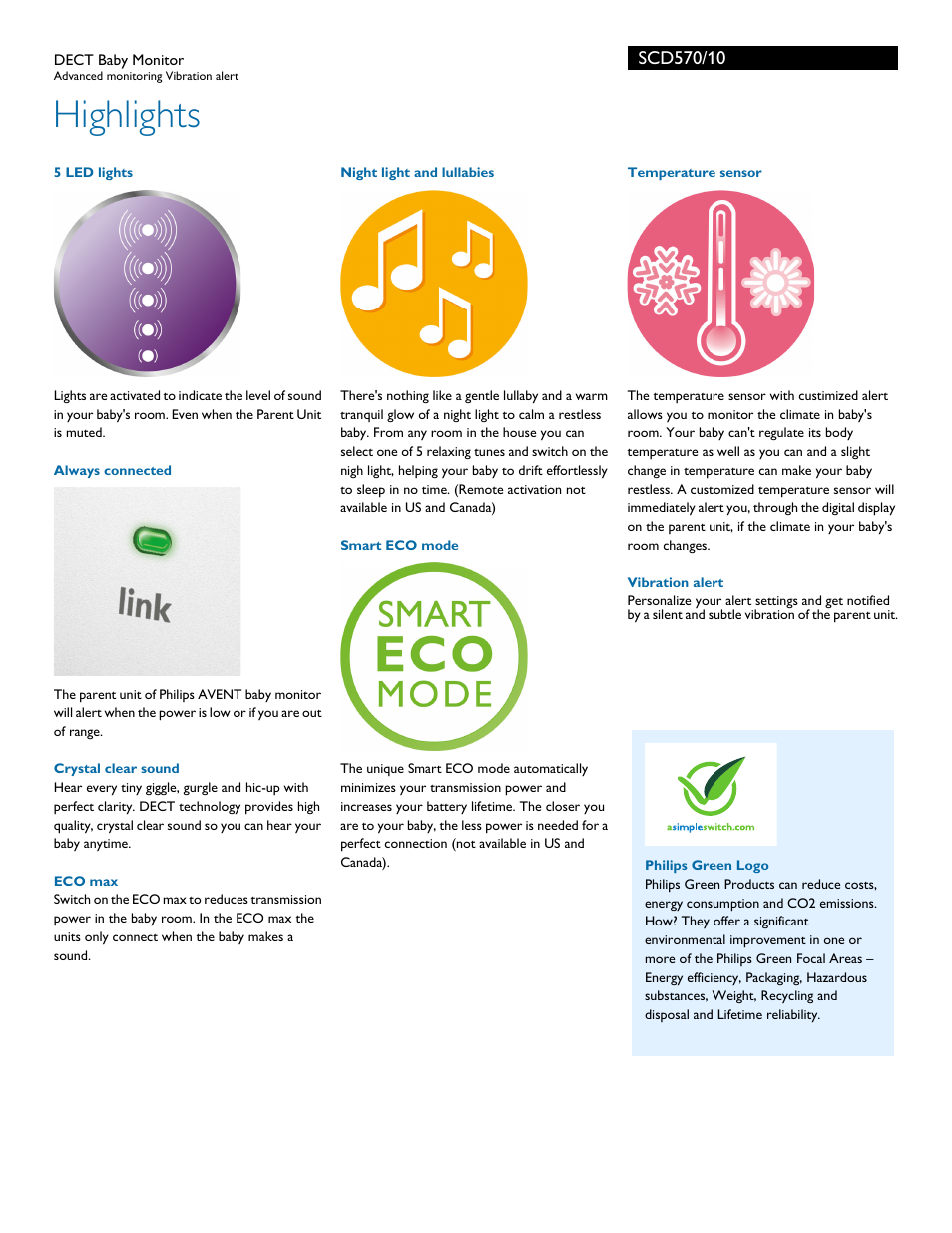 Highlights | Philips AVENT Audio Monitors DECT Baby Monitor SCD570-10 Advanced monitoring Vibration alert User Manual | Page 2 / 3