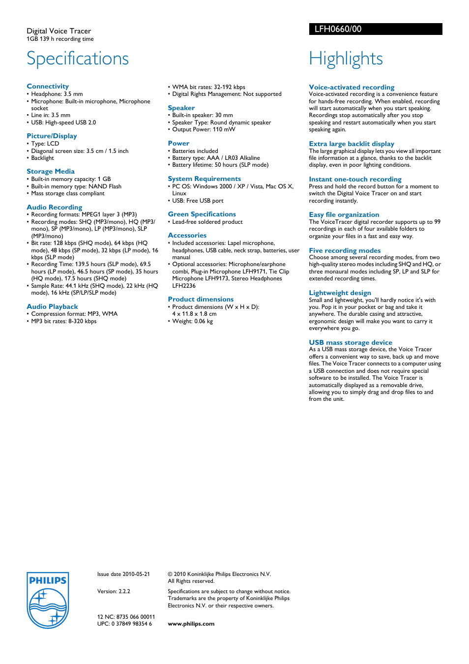 Specifications, Highlights | Philips LFH0660-00 User Manual | Page 2 / 2