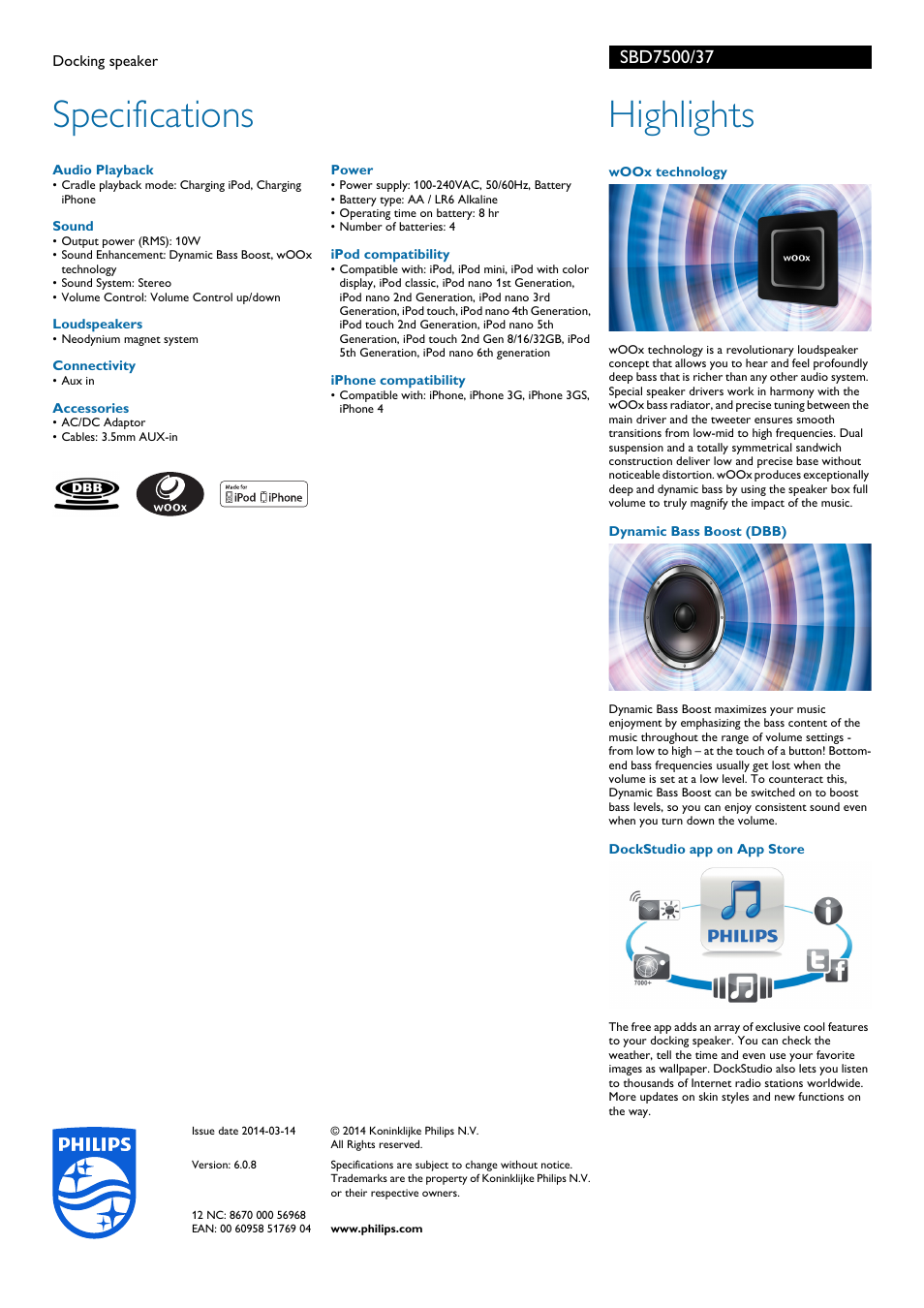 Specifications, Highlights | Philips SBD7500-37 User Manual | Page 2 / 2