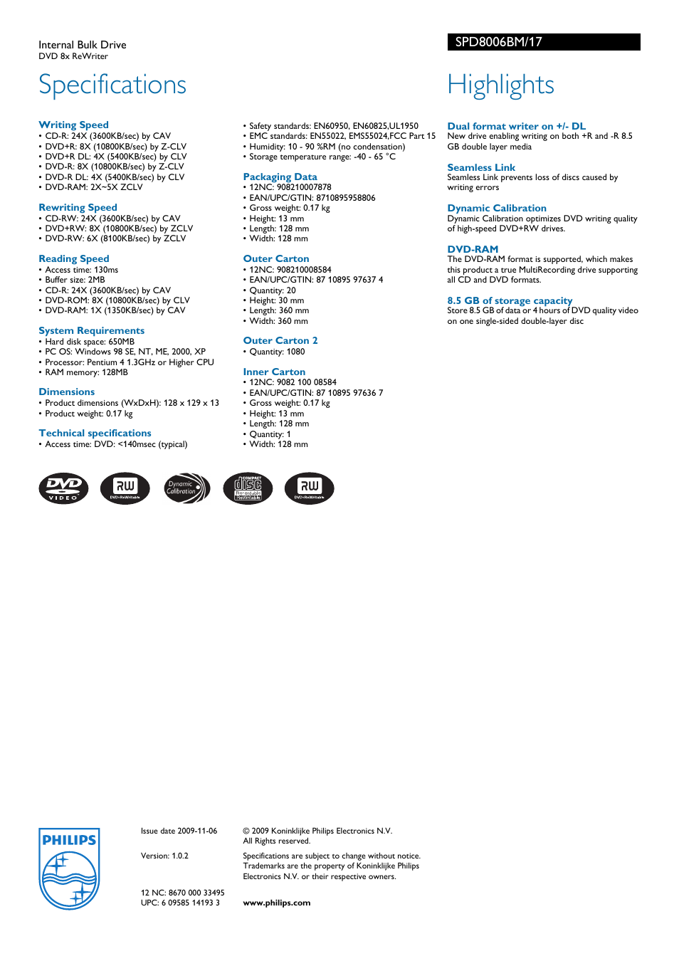 Specifications, Highlights | Philips SPD8006BM-17 User Manual | Page 2 / 2