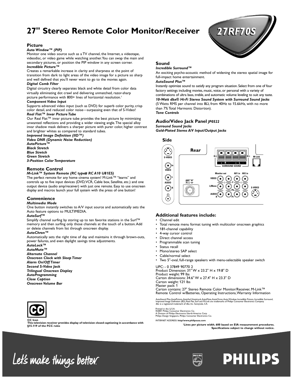 27rf70s, 27" stereo remote color monitor/receiver, Picture | Remote control, Convenience, Sound, Audio/video jack panel, Additional features include, Rear side | Philips 27RF70 User Manual | Page 2 / 2