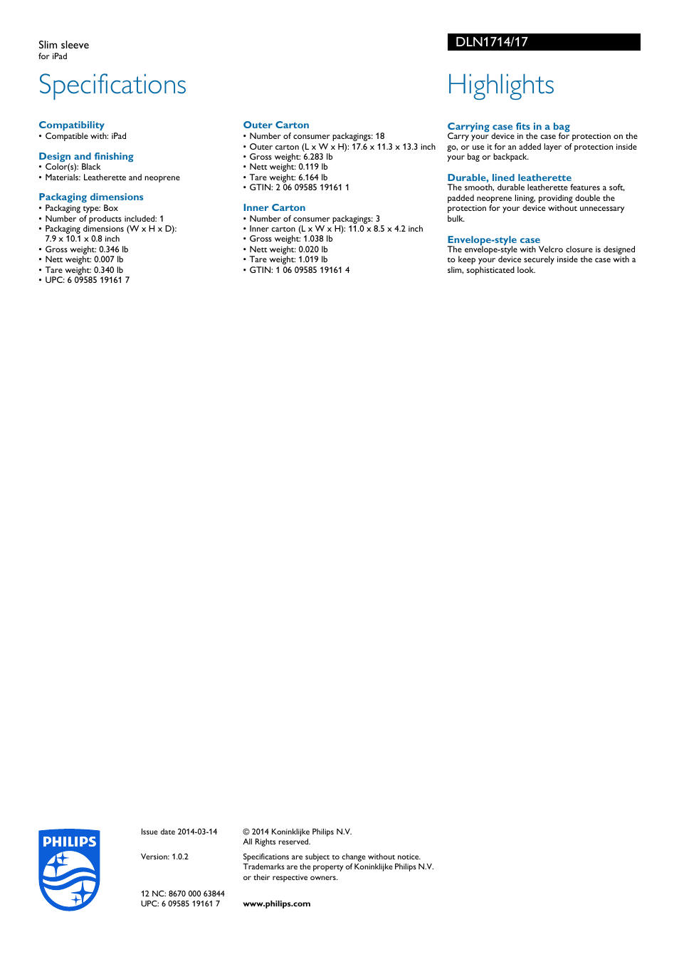 Specifications, Highlights | Philips DLN1714-17 User Manual | Page 2 / 2