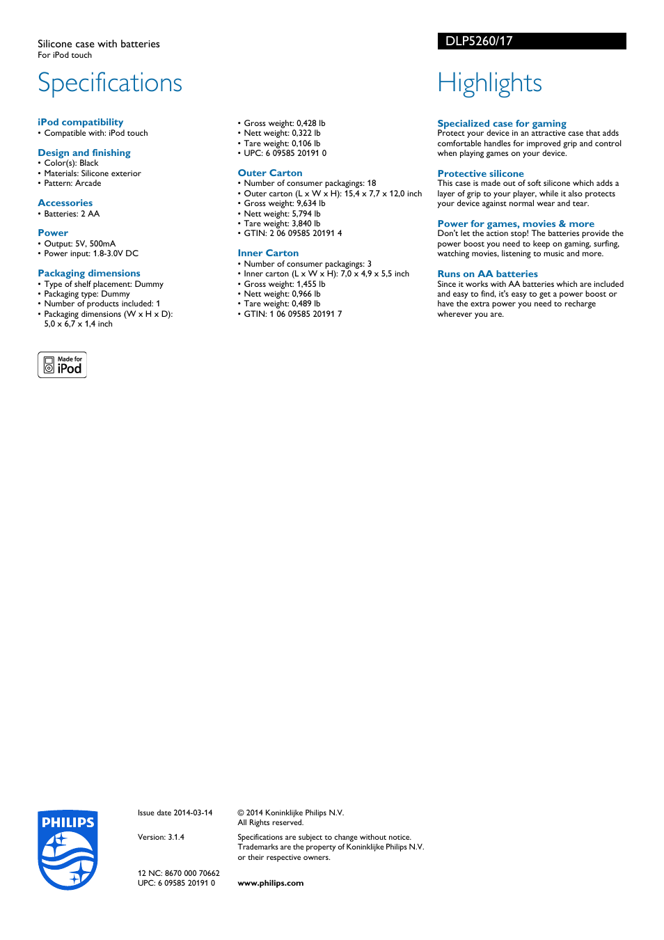 Specifications, Highlights | Philips DLP5260-17 User Manual | Page 2 / 2