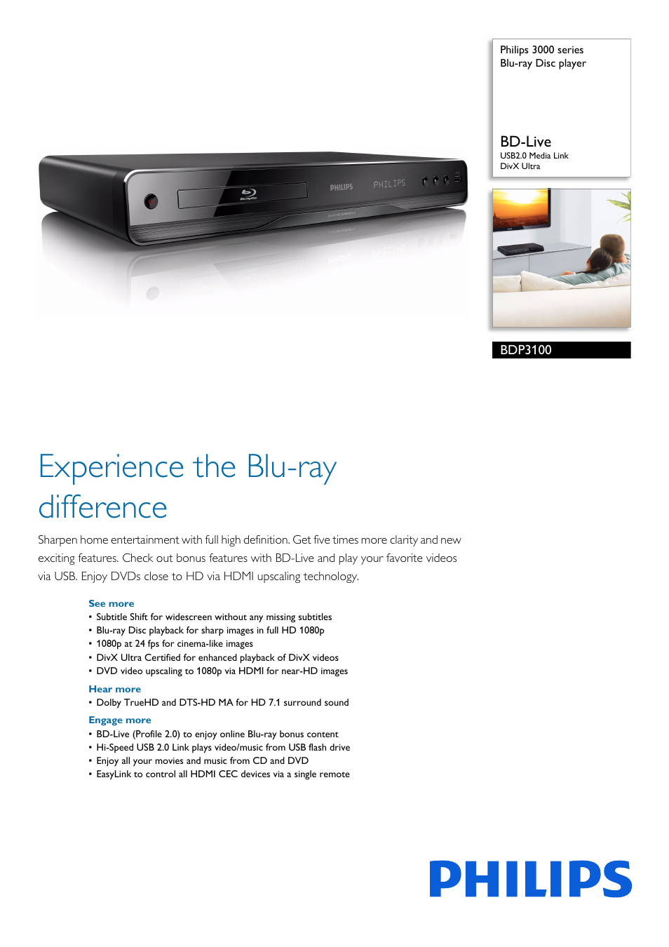 Philips 3000 series Blu-ray Disc player BDP3100 BD-Live USB2.0 Media Link DivX Ultra User Manual | 3 pages