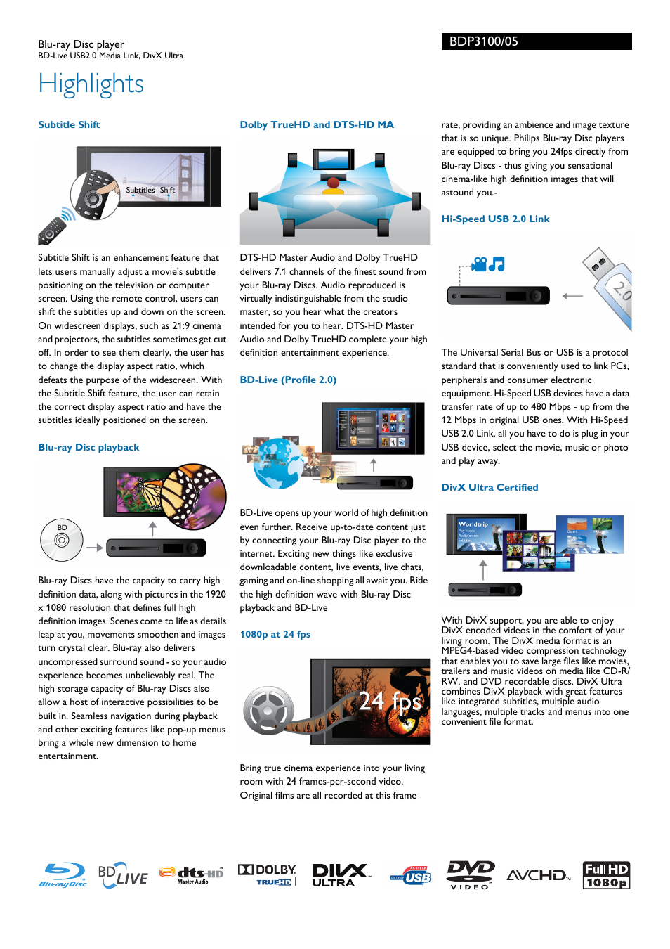 Highlights | Philips 3000 series Blu-ray Disc player BDP3100 BD-Live USB2.0 Media Link DivX Ultra User Manual | Page 2 / 3