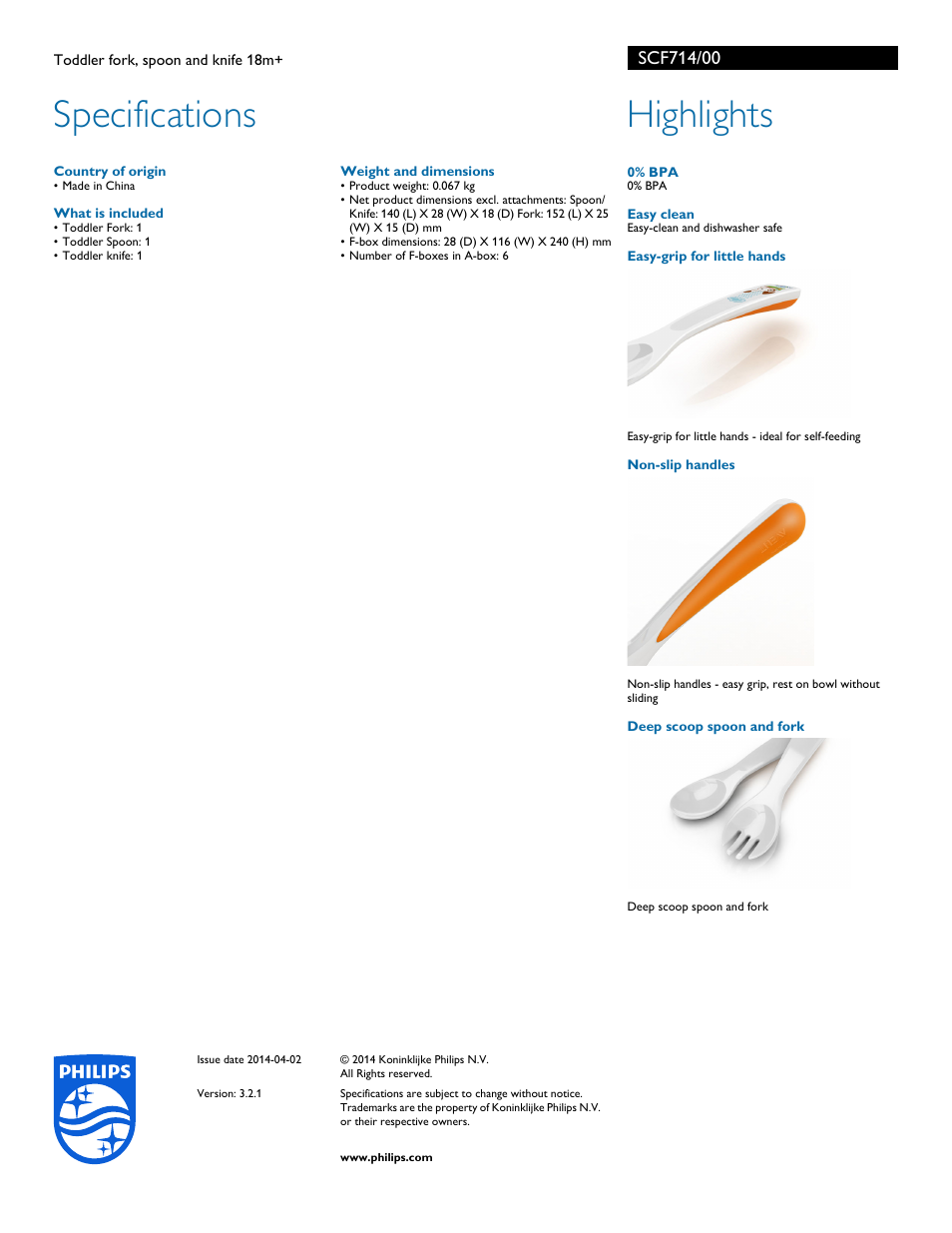 Specifications, Highlights | Philips SCF714-00 User Manual | Page 2 / 2