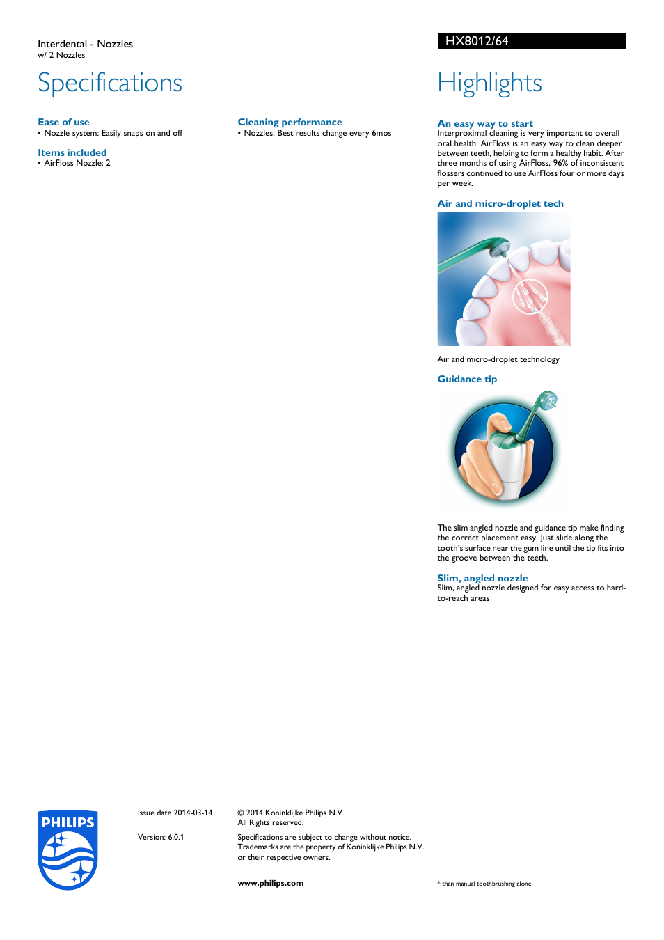 Specifications, Highlights | Philips HX8012-64 User Manual | Page 2 / 2