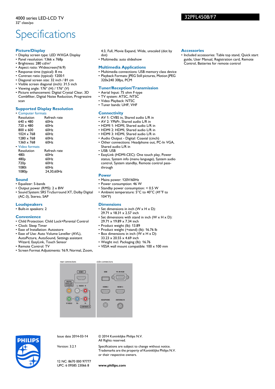 Specifications | Philips 32PFL4508-F7 User Manual | Page 3 / 3