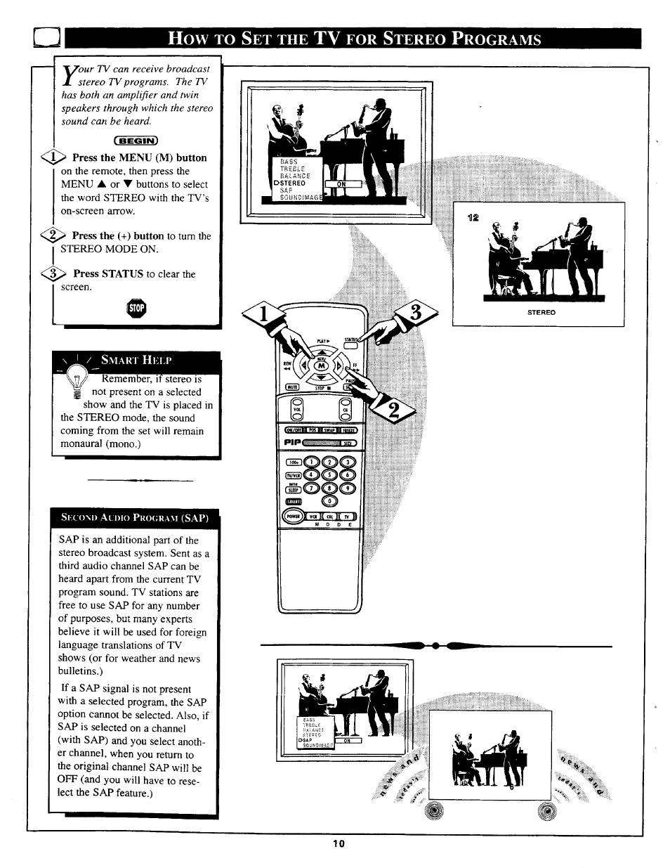 How to set the tv for stereo programs, Setting the tv for stereo/sap programs, Tereo | Rograms | Philips TP3669C User Manual | Page 10 / 40