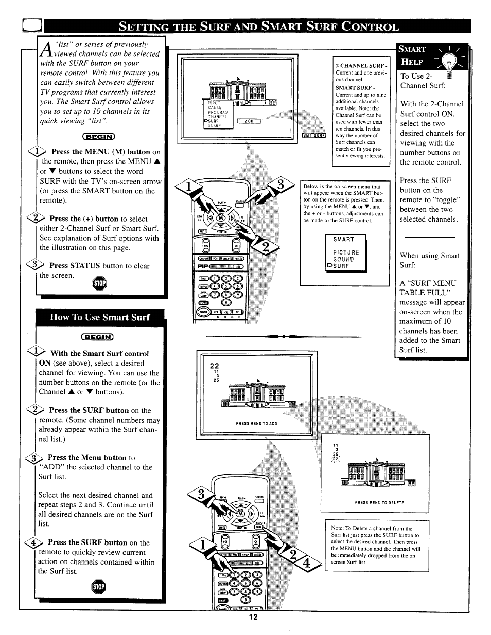 F> with the smart surf control, Press the surf button on the, Press the menu button to | Press the menu (m) button on, Setting the surf/smart surf control, Etting, Mart, Ontrol | Philips TP3669C User Manual | Page 12 / 40