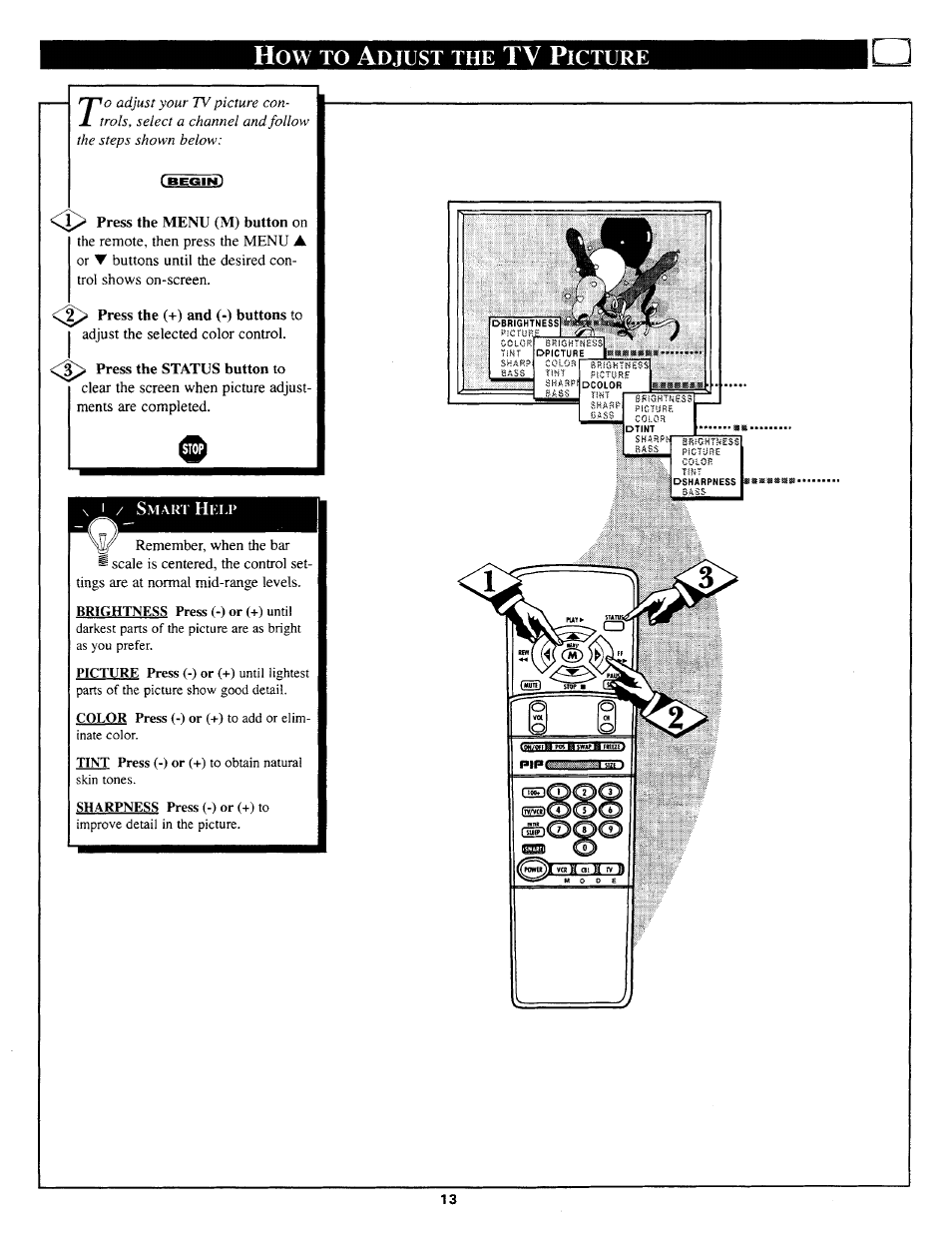 Press the (+) and (-) buttons to, Tv p | Philips TP3669C User Manual | Page 13 / 40