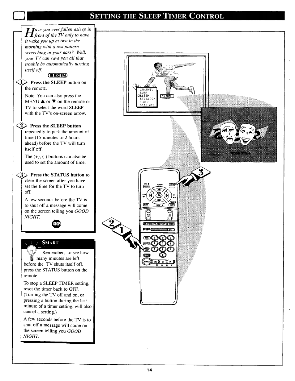 Setting the sleep timer control, Setting the tv sleep timer control, Etting | Leep, Imer, Ontrol | Philips TP3669C User Manual | Page 14 / 40