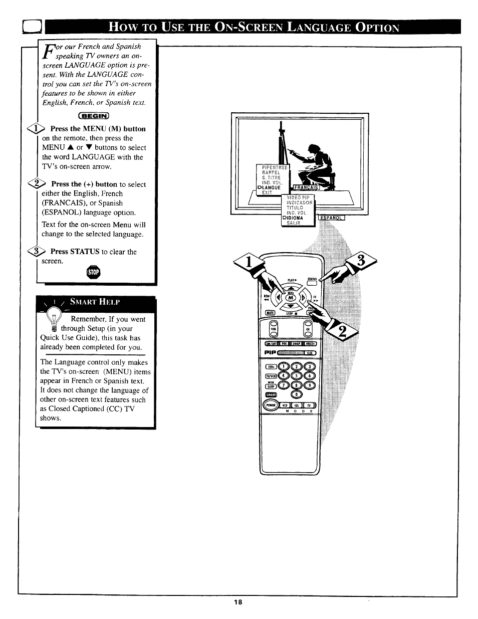 How to use the on-screen language option, Using the on-screen language option, Creen | Anguage, Ption | Philips TP3669C User Manual | Page 18 / 40