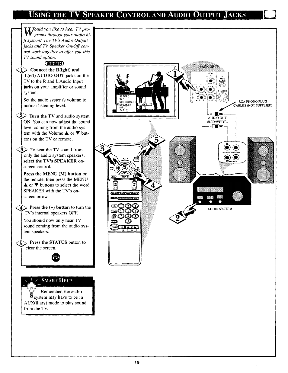 Tv s, Sing, Peaker | Ontrol, Udio, Utput, Acks | Philips TP3669C User Manual | Page 19 / 40