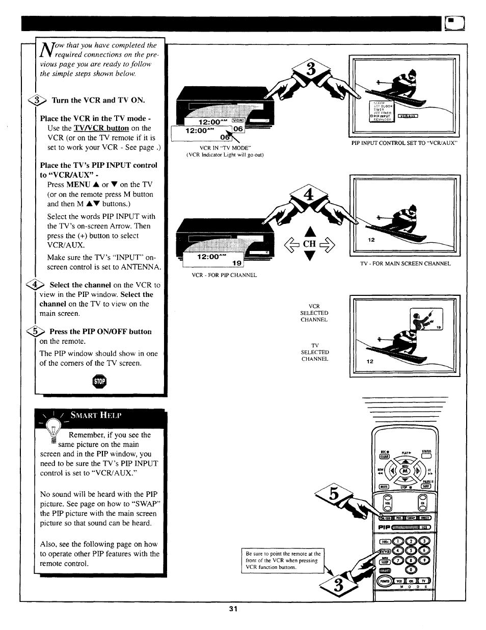 Tiirn the vcr and tv on, Press the pip on/off button | Philips TP3669C User Manual | Page 31 / 40