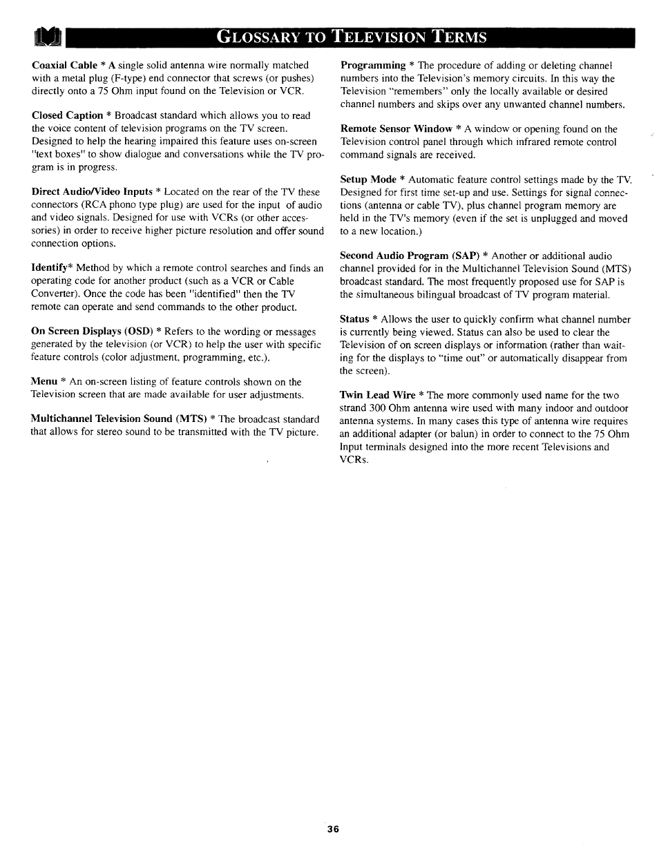Glossary to television terms, Glossary of tv terms, Lossary | Elevision, Erms | Philips TP3669C User Manual | Page 36 / 40