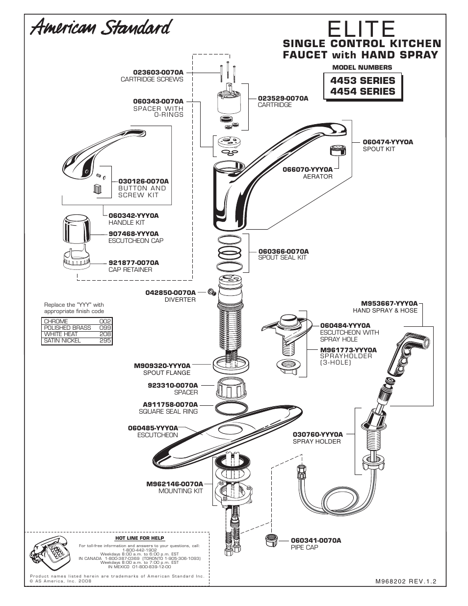 Elite, Single control kitchen faucet with hand spray | American Standard ELITE 4454 User Manual | Page 4 / 4