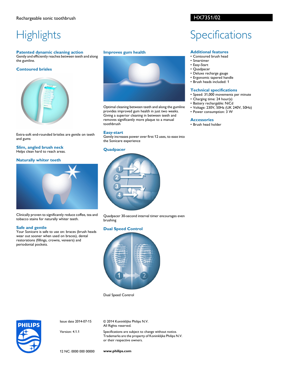 Highlights, Specifications | Philips HX7351-02 User Manual | Page 2 / 2