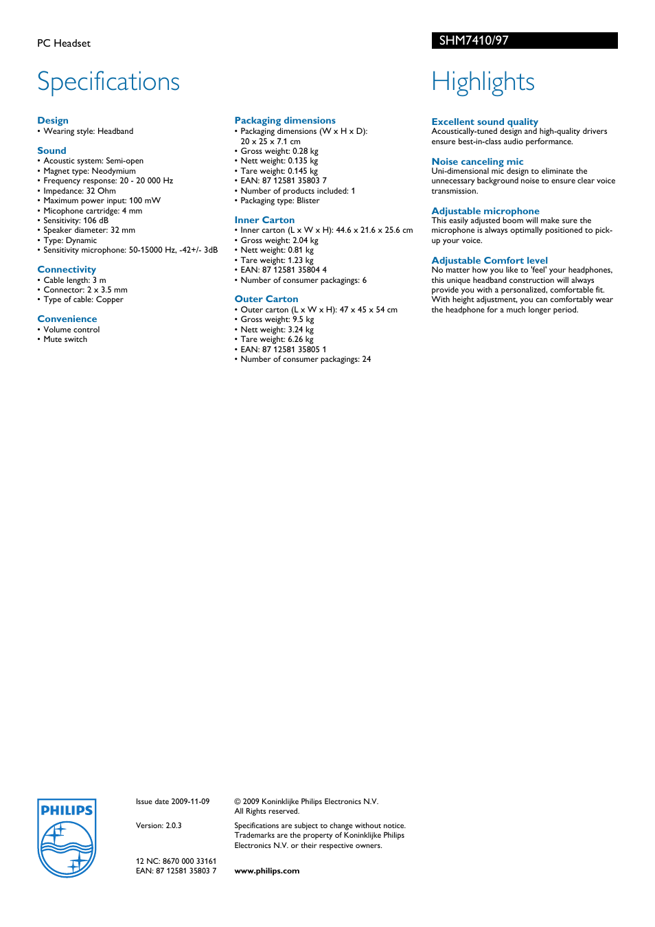 Specifications, Highlights | Philips SHM7410-97 User Manual | Page 2 / 2