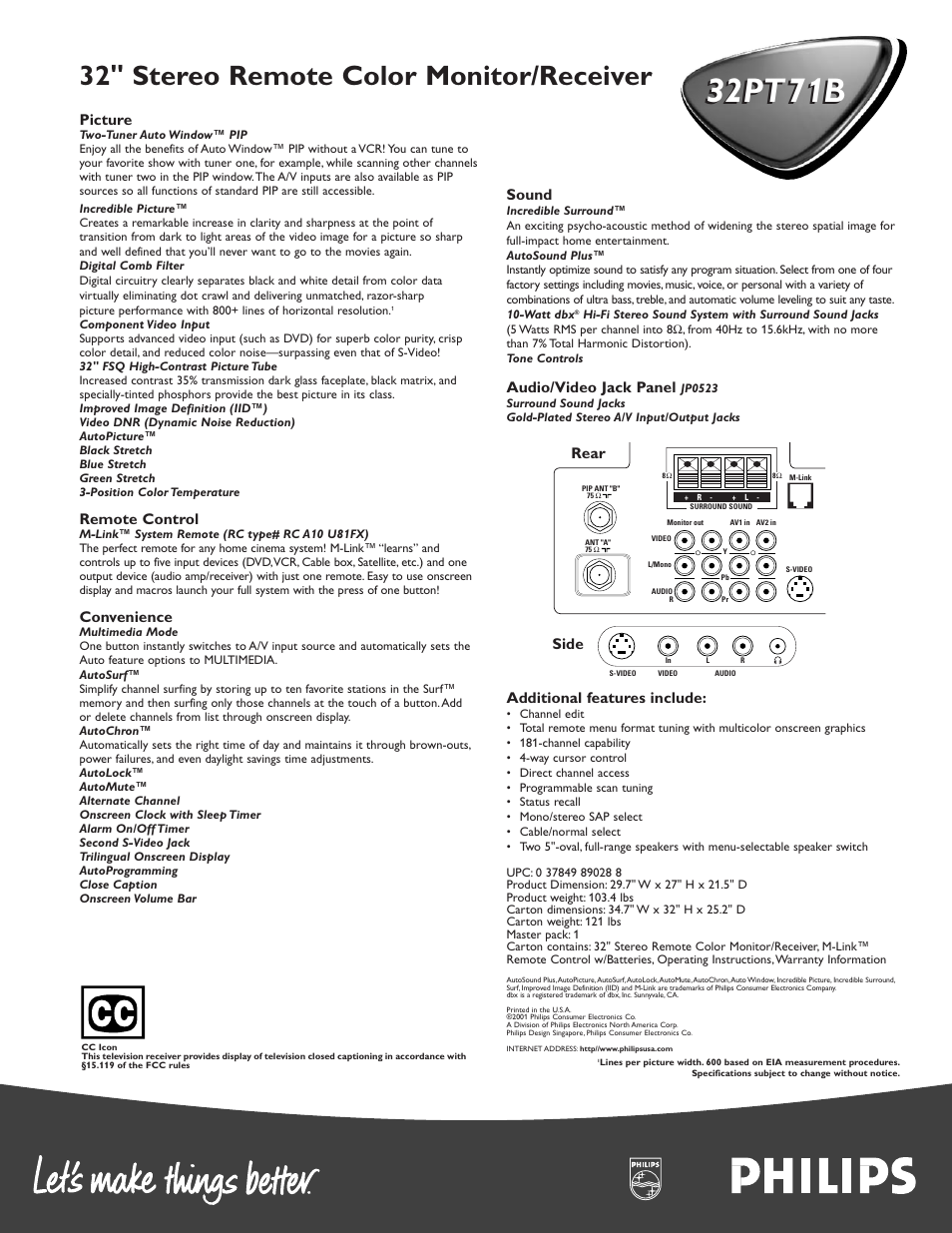 32pt71b, 32" stereo remote color monitor/receiver, Picture | Remote control, Convenience, Sound, Audio/video jack panel, Additional features include, Rear side | Philips 32PT71B User Manual | Page 2 / 2
