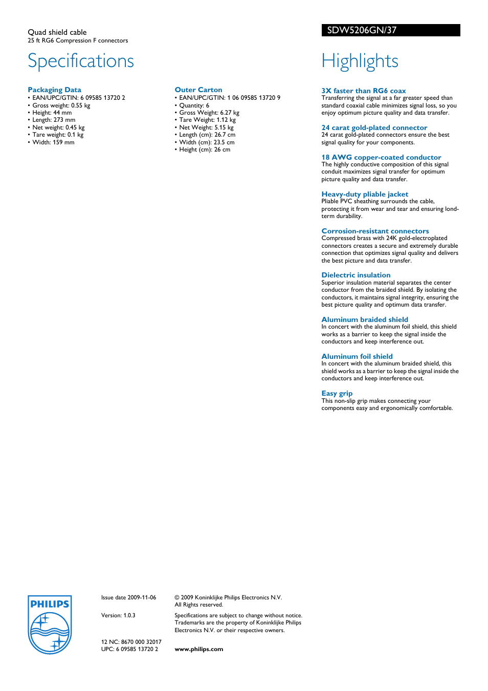 Specifications, Highlights | Philips SDW5206GN-37 User Manual | Page 2 / 2