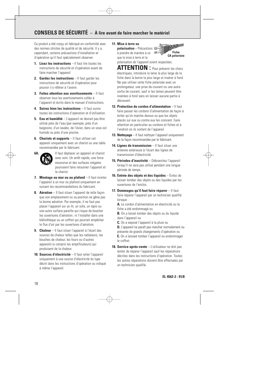 Attention, Conseils de sécurité, À lire avant de faire marcher le matériel | Philips AZ1015-17 User Manual | Page 18 / 44