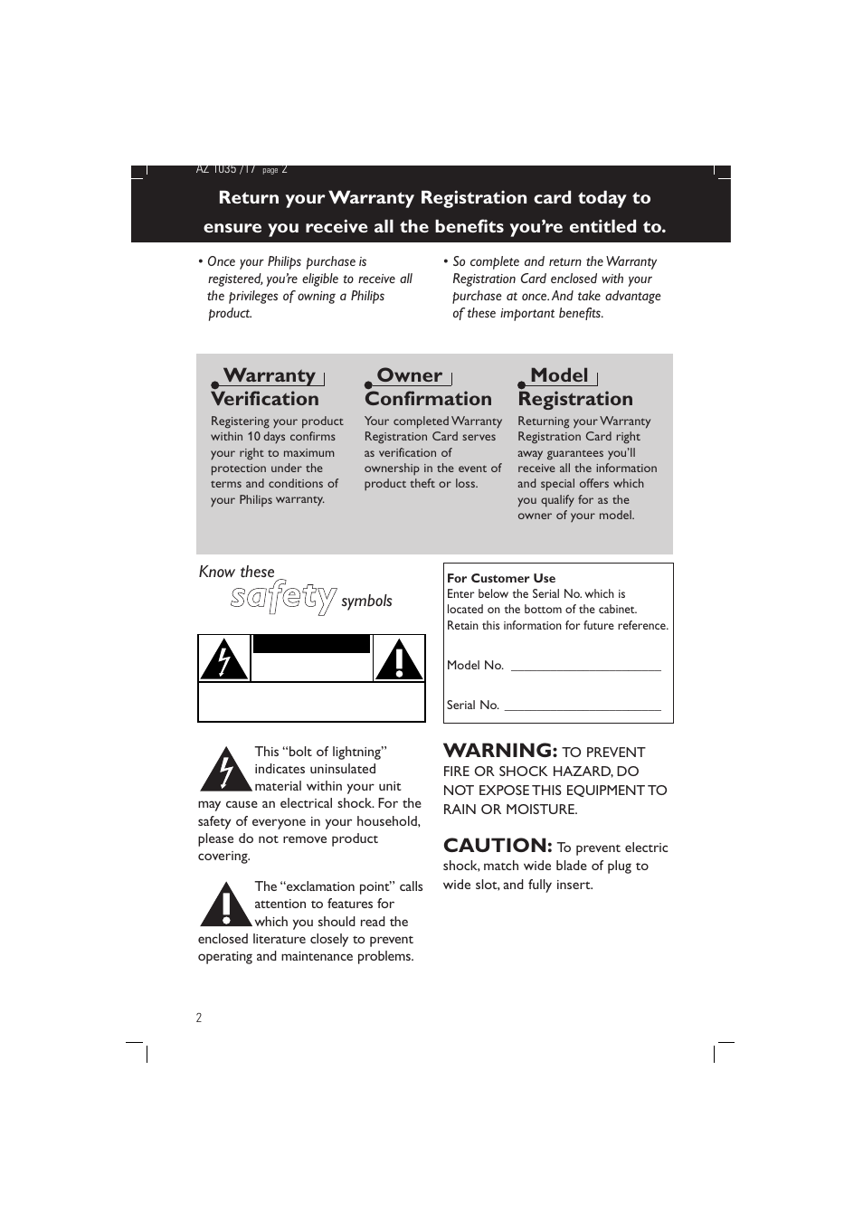 Safety, Warranty verification, Owner confirmation | Model registration, Warning, Caution | Philips AZ1015-17 User Manual | Page 2 / 44