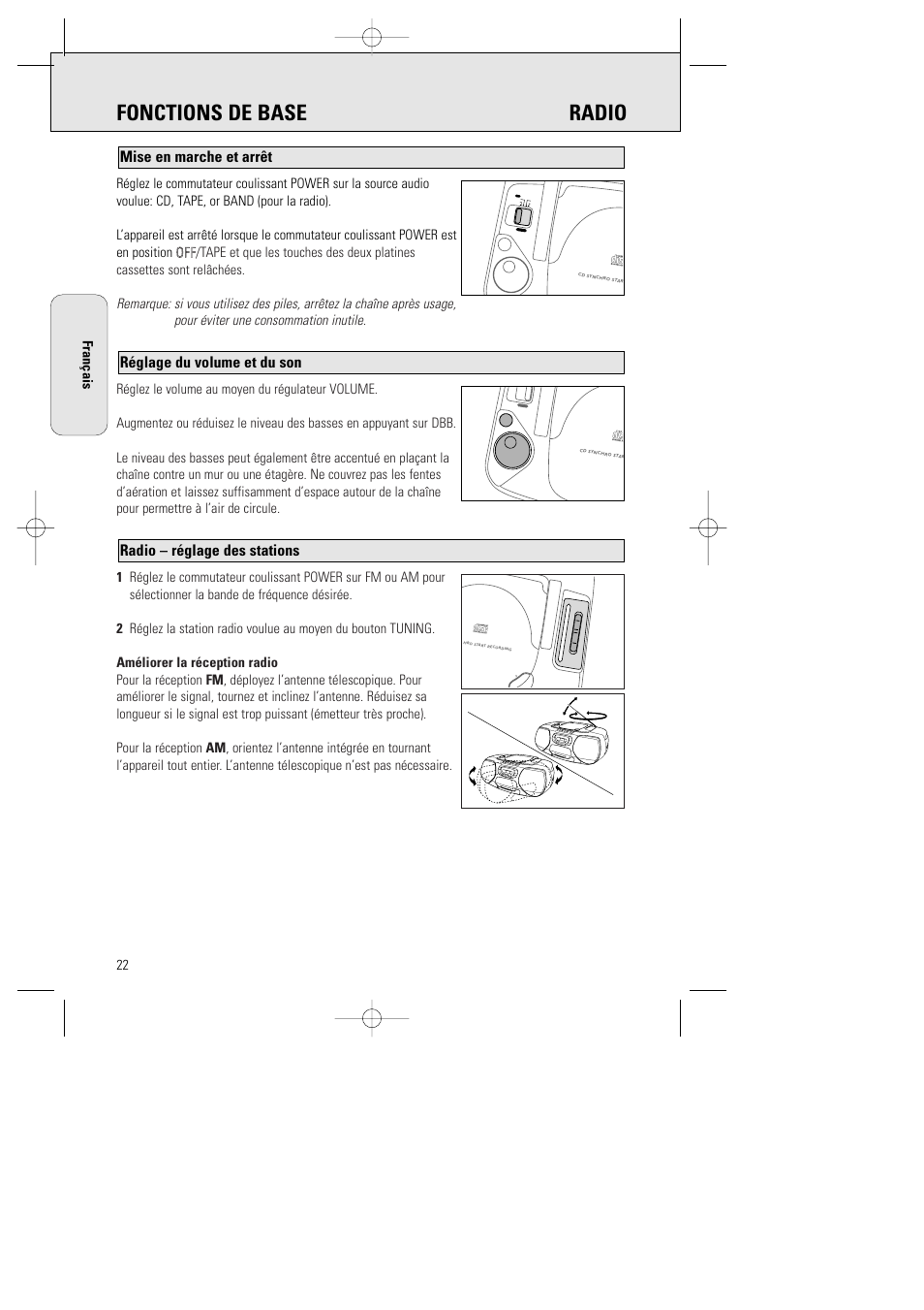 Fonctions de base radio, Radio – réglage des stations, Réglage du volume et du son | Mise en marche et arrêt | Philips AZ1015-17 User Manual | Page 22 / 44