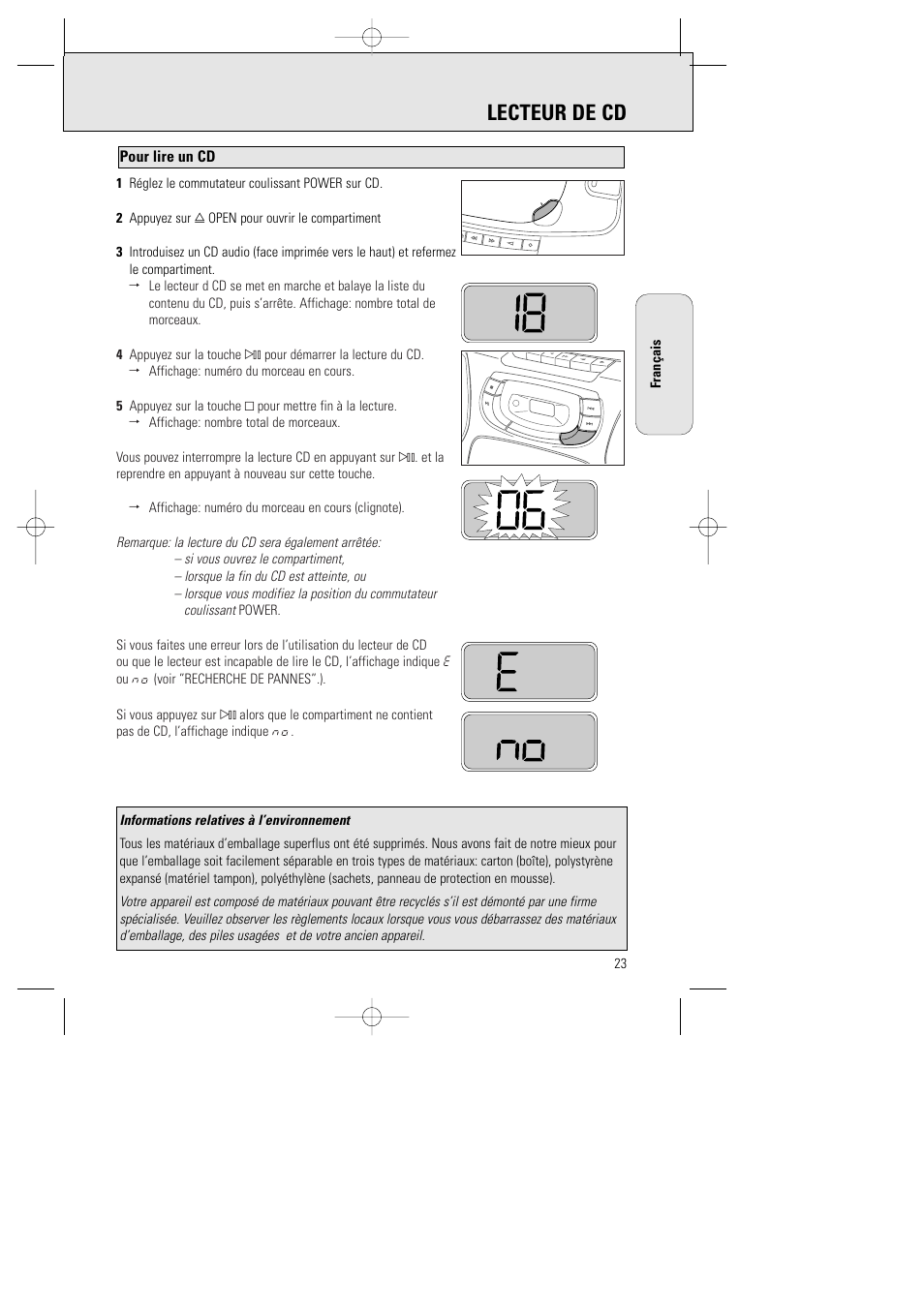 Lecteur de cd, Pour lire un cd | Philips AZ1015-17 User Manual | Page 23 / 44