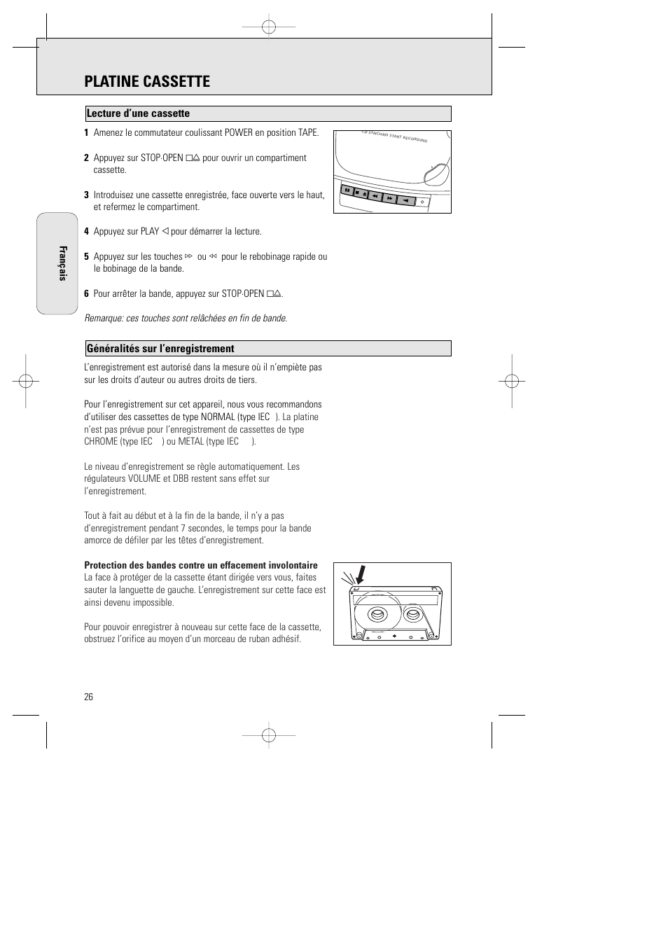 Platine cassette, Généralités sur l’enregistrement, Lecture d’une cassette | Philips AZ1015-17 User Manual | Page 26 / 44