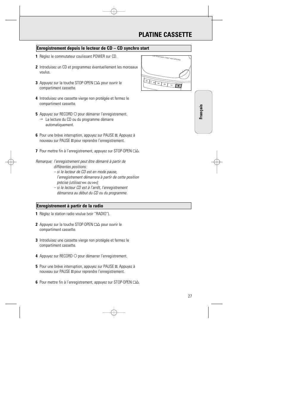 Platine cassette, Enregistrement à partir de la radio | Philips AZ1015-17 User Manual | Page 27 / 44