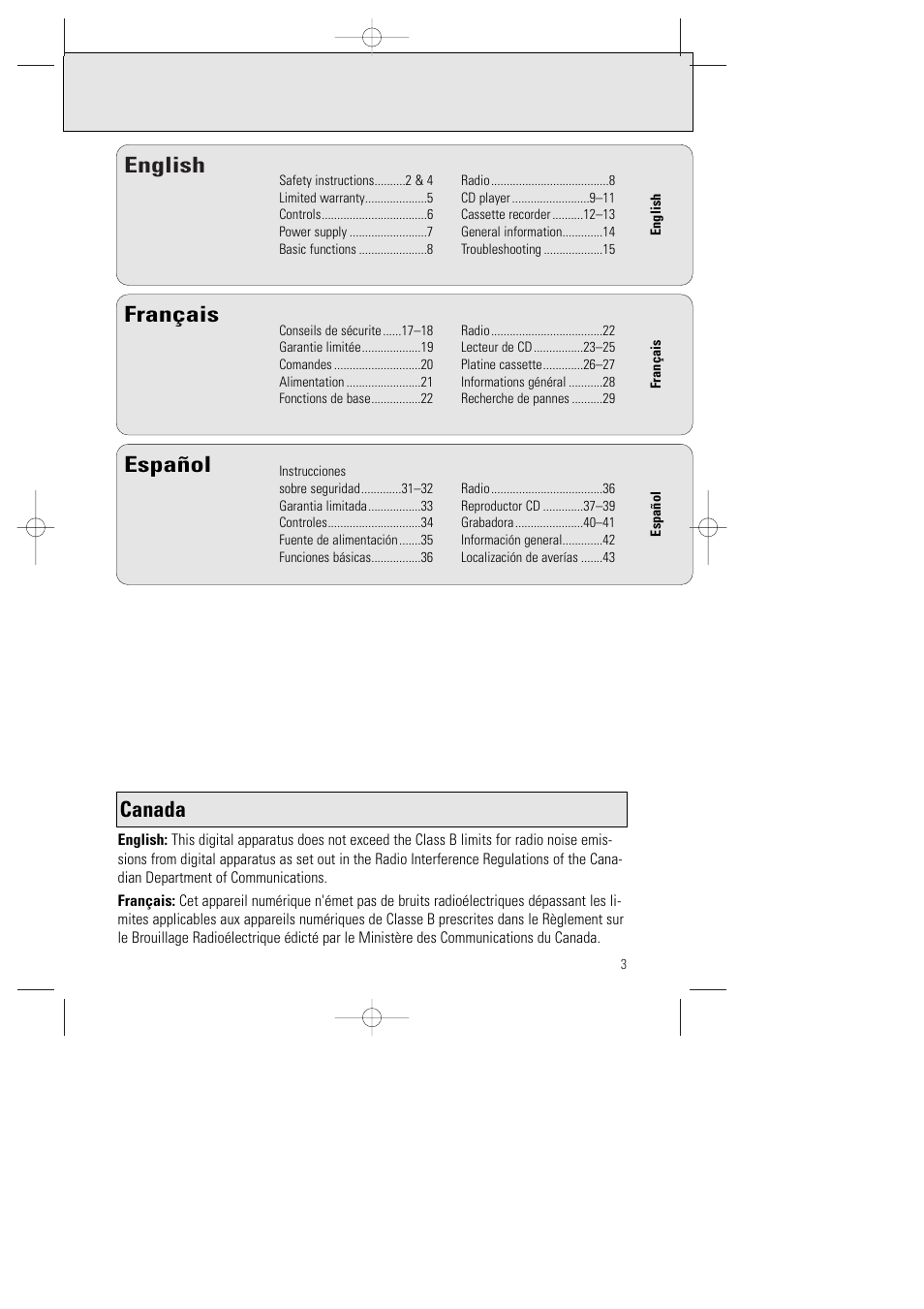 English français español, Canada | Philips AZ1015-17 User Manual | Page 3 / 44