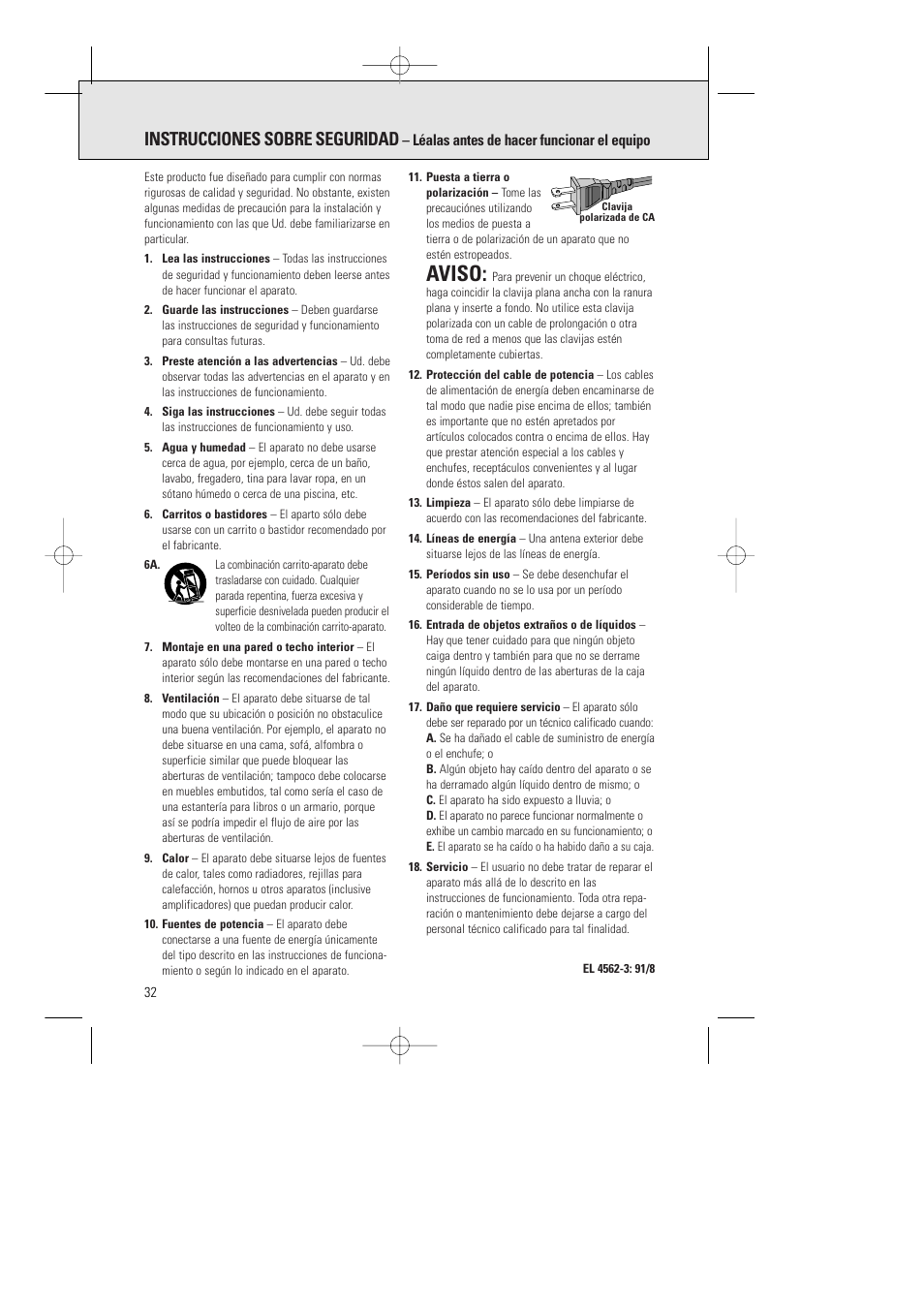 Aviso, Instrucciones sobre seguridad, Léalas antes de hacer funcionar el equipo | Philips AZ1015-17 User Manual | Page 32 / 44