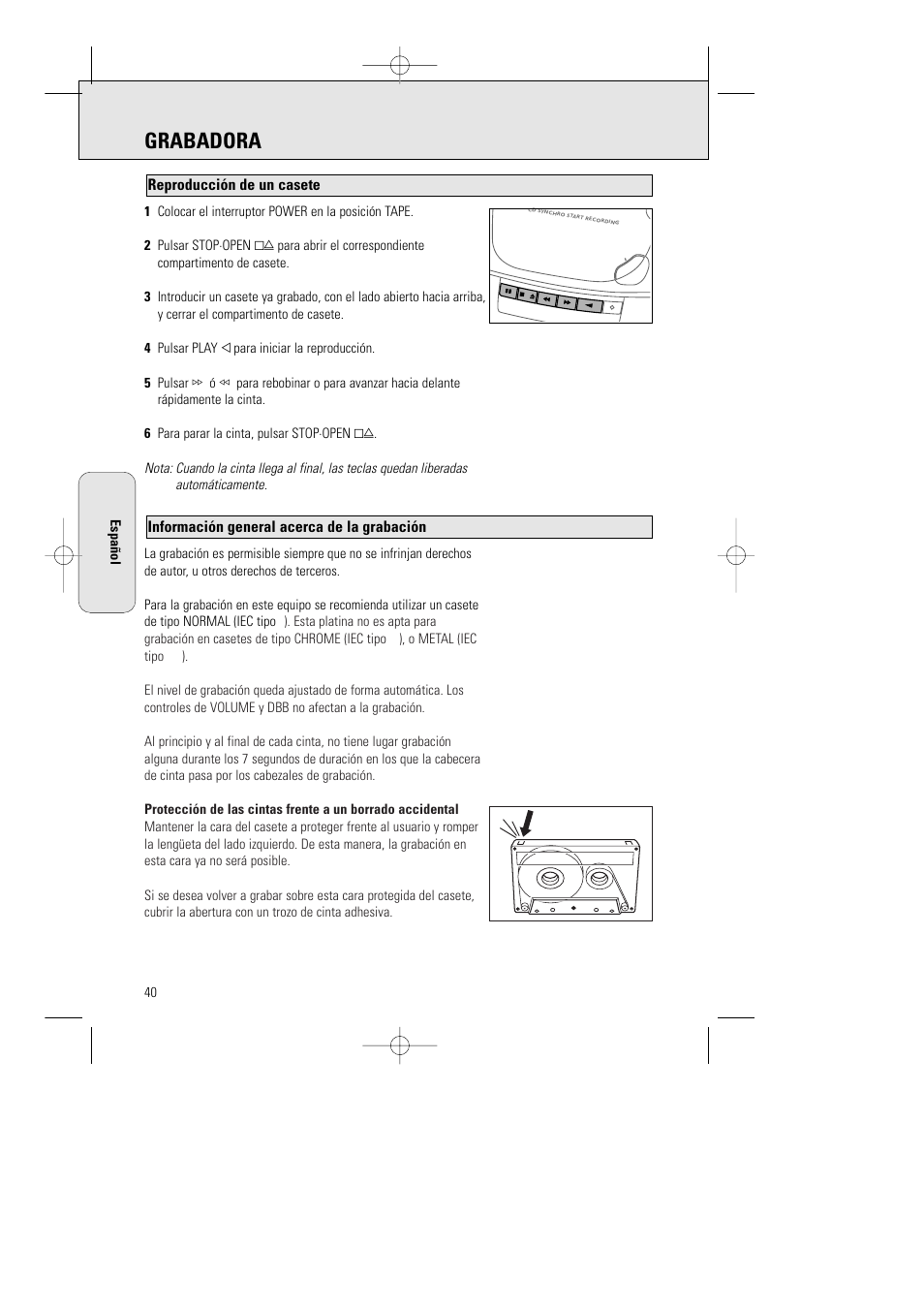 Grabadora, Información general acerca de la grabación, Reproducción de un casete | Philips AZ1015-17 User Manual | Page 40 / 44