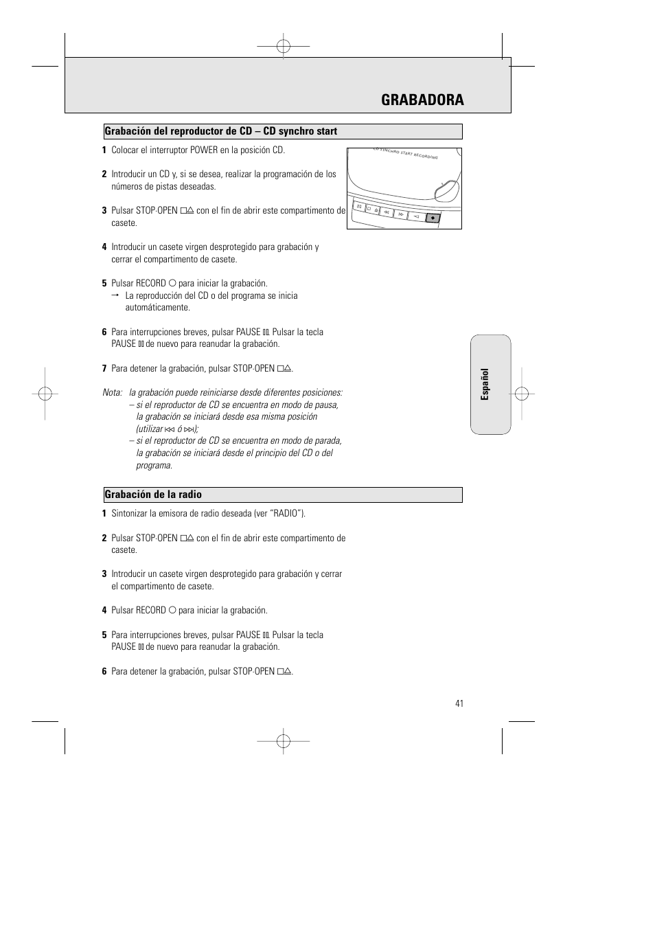 Grabadora, Grabación de la radio, Grabación del reproductor de cd – cd synchro start | Philips AZ1015-17 User Manual | Page 41 / 44