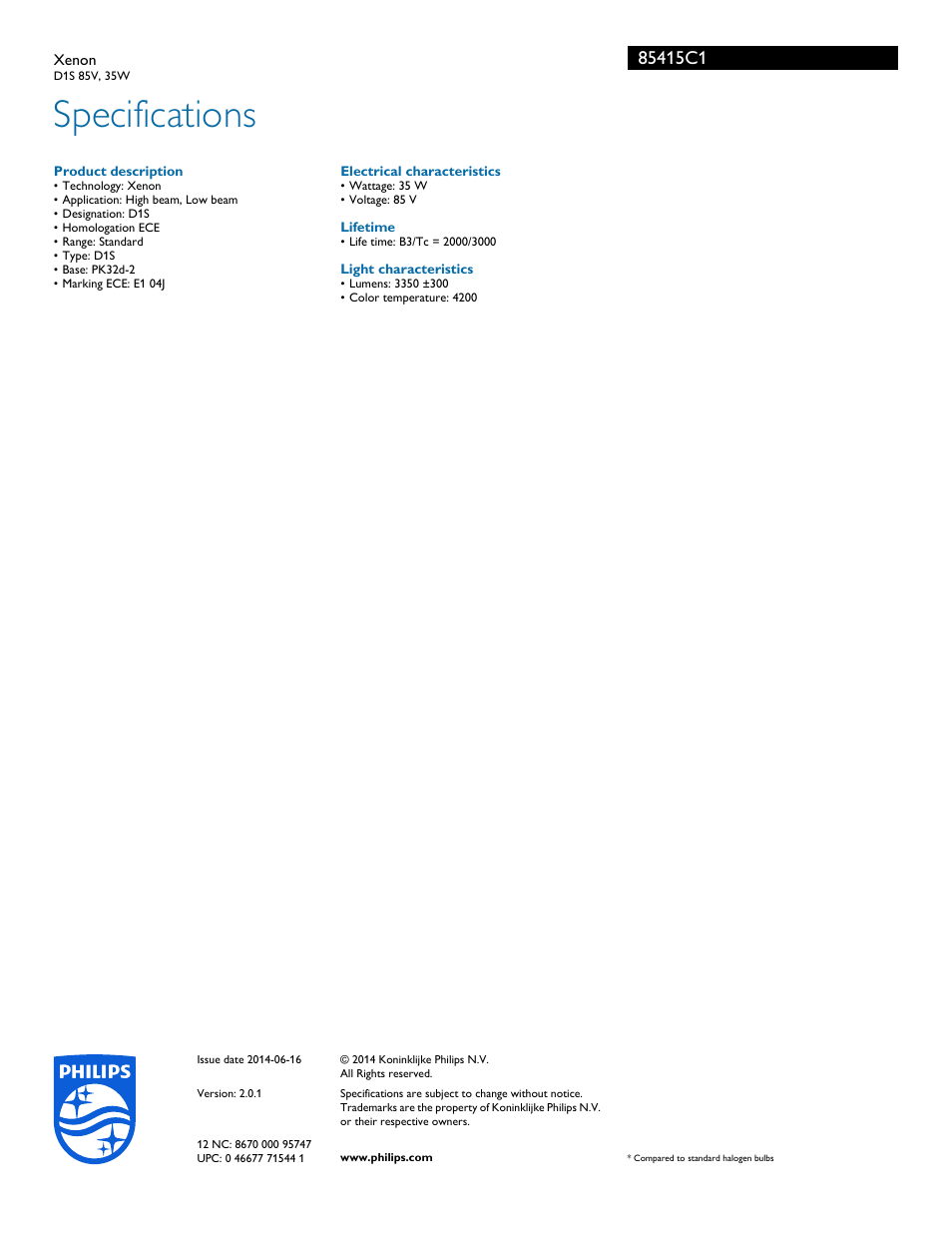 Specifications | Philips 85415C1 User Manual | Page 3 / 3