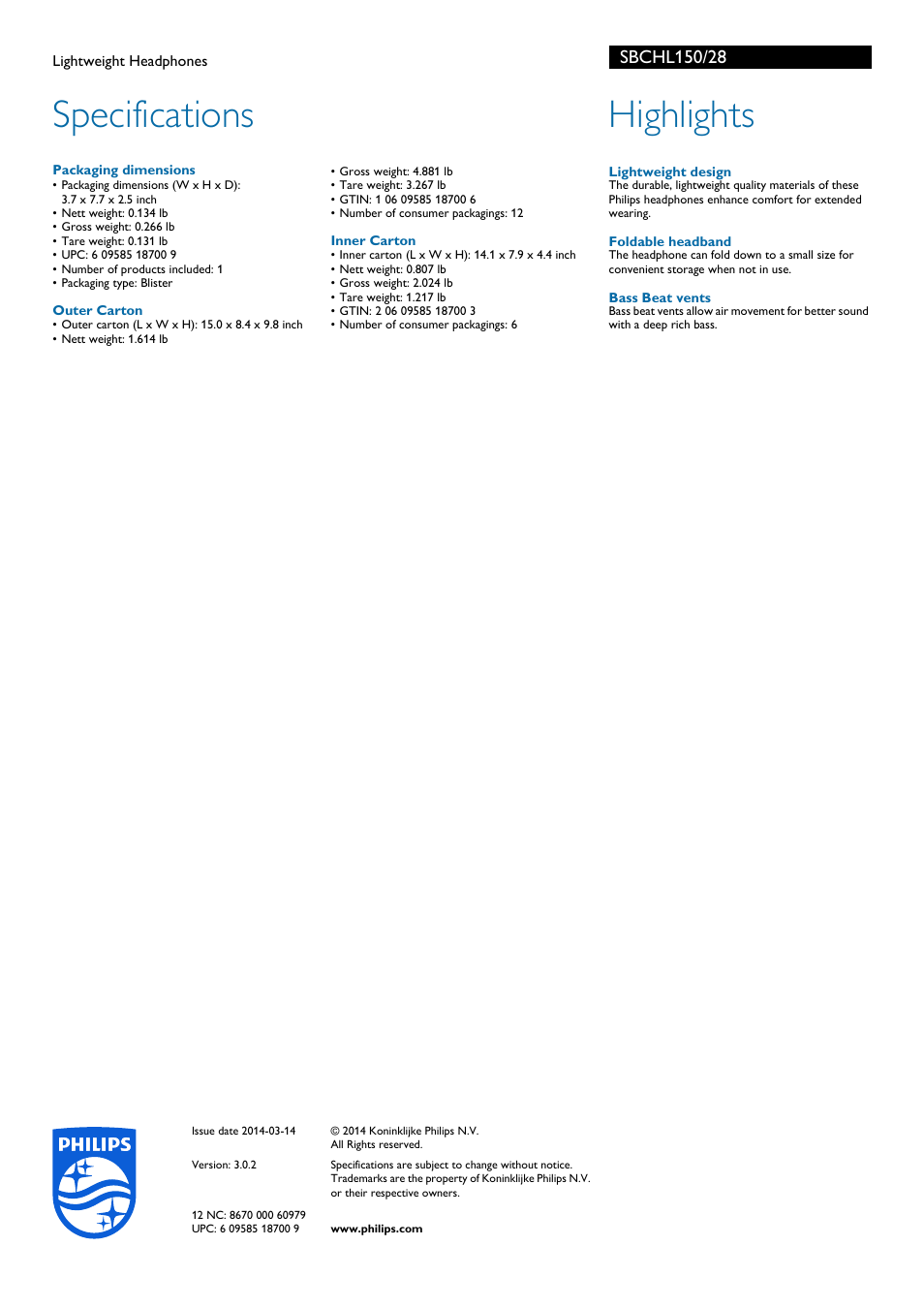 Specifications, Highlights | Philips SBCHL150-28 User Manual | Page 2 / 2