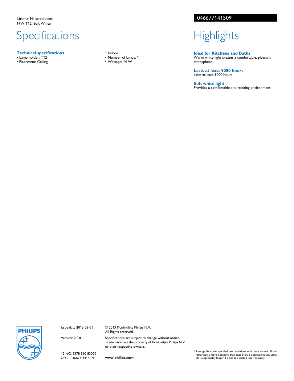 Specifications, Highlights | Philips 046677141509 User Manual | Page 2 / 2
